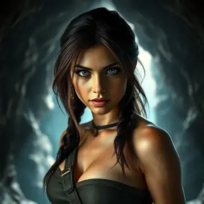 Alluring full body matte portrait of a beautiful Lara Croft in a cave, 8k, Highly Detailed, Intricate, Photo Realistic, Sharp Focus, Volumetric Lighting, Fantasy, Elegant