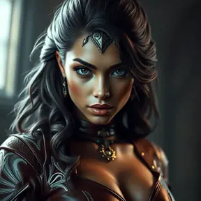 Alluring matte portrait of a beautiful Nidalee in leather, 8k, Highly Detailed, Intricate, Half Body, Realistic, Sharp Focus, Volumetric Lighting, Fantasy, Elegant by Stanley Artgerm Lau, Alphonse Mucha, WLOP, Stefan Kostic