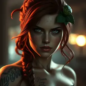 Matte portrait of Poison Ivy with tattoos, 8k, Highly Detailed, Alluring, Artstation, Bokeh effect, Sharp Focus, Volumetric Lighting, Concept Art by Stanley Artgerm Lau, Greg Rutkowski