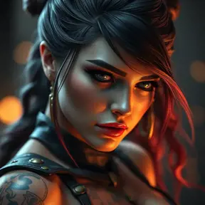 Close up of Morgana with tattoos wearing leather, 8k, Highly Detailed, Alluring, Artstation, Bokeh effect, Sharp Focus, Volumetric Lighting, Concept Art by Stanley Artgerm Lau, Greg Rutkowski