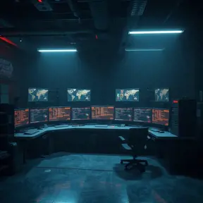 A dark industrial desk from the future with many monitors, Photo Realistic, Volumetric light effect, Octane Render, Unreal Engine, Ambient Occlusion, Maximalism, Industrial by Beeple