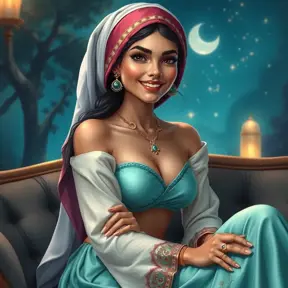 Fashion Illustration Style, A Woman in a headscarf Sitting on a sofa on a fairy-tale Background, Smiling like a Fairy Queen, Princess Jasmine, Photorealistic Disney, Disney Photos are Realistic, Princess Portrait, Disney-style Art, Beautiful Genie Girl, Disney Rendering, Disney Animation Style, Isabella Moner, Ivan Talavera Style and Artgerm, portrait of the Disney Veta, 8k, Highly Detailed, Intricate, Realistic, Sharp Focus, Volumetric Lighting, Fantasy, Elegant by Stanley Artgerm Lau, Alphonse Mucha, WLOP, Stefan Kostic