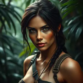 Alluring full body matte portrait of a beautiful Lara Croft in the jungle ready for another adventure, 8k, Highly Detailed, Intricate, Photo Realistic, Sharp Focus, Volumetric Lighting, Fantasy, Elegant