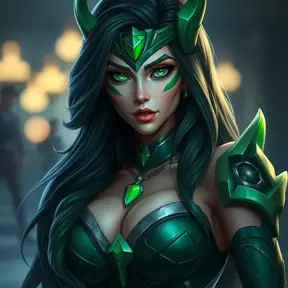 Alluring portrait of a beautiful Sivir from League of Legends in Green, Highly Detailed, Half Body, Bokeh effect, Photo Realistic by Stefan Kostic