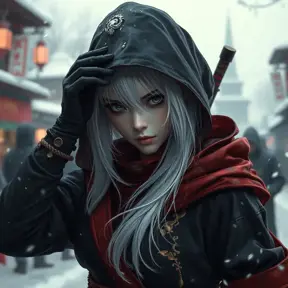 Mysterious beautiful white kunoichi ninja wearing black, red and gold in the streets of a dark snowy town in russia, 8k, Intricate Details, Trending on Artstation, White Hair by Stanley Artgerm Lau, WLOP