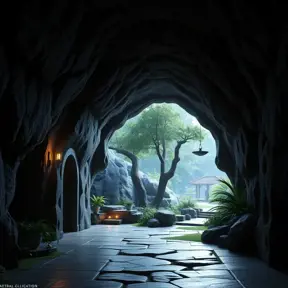 Arc hallway for secret overwatch habitation quarters carved inside a well lit cave surrounding a lush garden, 8k, Trending on Artstation, Minimalism, Unimaginable Beauty, Sharp Focus, 3D Rendering, Unreal Engine, Natural Light, Concept Art, Naturalism