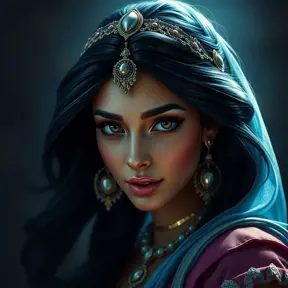 Alluring matte portrait of Princess Jasmine, 4k, 4k resolution, 8k, HD, High Definition, High Resolution, Highly Detailed, HQ, Hyper Detailed, Intricate Artwork, Ultra Detailed, Digital Painting, Matte Painting, Realistic, Sharp Focus, Dim light, Fantasy by Stanley Artgerm Lau