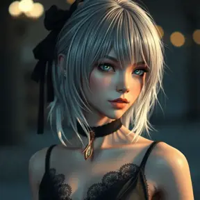 Alluring portrait of a beautiful ashen haired 2B from Nier Automata in the style of Stefan Kostic in a black dress, Highly Detailed, Full Body, Bokeh effect, Photo Realistic, Sharp Focus by Stanley Artgerm Lau