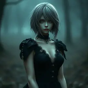 Alluring matte portrait of a beautiful ashen haired 2B from Nier Automata in the style of Stefan Kostic in a black dress, Highly Detailed, Full Body, Bokeh effect, Photo Realistic, Sharp Focus by Greg Rutkowski