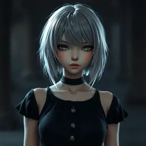 Matte portrait of a ashen haired 2B from Nier Automata in a black dress, Highly Detailed, Full Body, Bokeh effect, Photo Realistic, Sharp Focus by Stefan Kostic