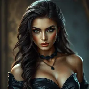 Alluring matte portrait of the beautiful goddess Selene in black leather, 8k, Highly Detailed, Intricate, Realistic, Sharp Focus, Volumetric Lighting, Fantasy, Elegant by Stanley Artgerm Lau, Alphonse Mucha, WLOP