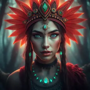 A beautiful tribal queen in a magical forest, Highly Detailed, Masterpiece, Pretty Face, Digital Illustration, Cinematic Lighting, Realistic, Sharp Focus, Centered, Beautifully Lit, Bioluminescent