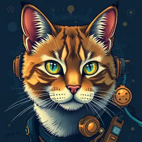 Steampunk portrait of a cat, clean vector, colorful illustration, inspired by future technology, Highly Detailed, Vintage Illustration, Steampunk, Smooth, Vector Art, Colorful by Stanley Artgerm Lau