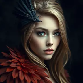 Matte portrait of the beautiful Katarina with feathers, Highly Detailed, Intricate, Realistic, Sharp Focus, Volumetric Lighting, Fantasy, Elegant