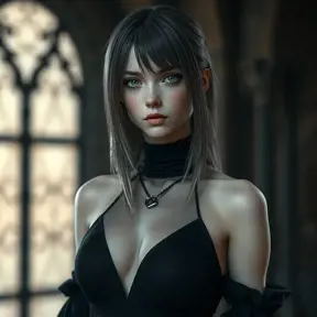 Alluring matte portrait of a beautiful ashen haired A2 from Nier Automata in a black dress, Highly Detailed, Full Body, Bokeh effect, Photo Realistic, Sharp Focus by Stefan Kostic