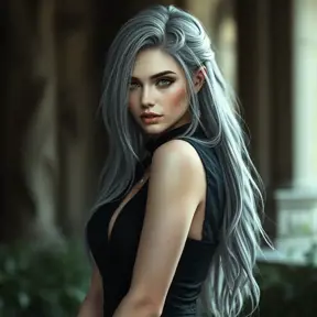 Alluring portrait of a beautiful ashen haired A2 from Nier Automata in the style of Stefan Kostic in a black dress, Highly Detailed, Full Body, Bokeh effect, Photo Realistic, Sharp Focus by Stanley Artgerm Lau