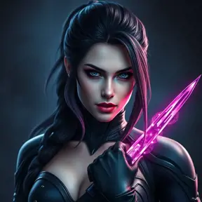 Alluring portrait of a beautiful Psylocke from Xmen in the style of Stefan Kostic, 8k, Highly Detailed, Intricate, Half Body, Realistic, Sharp Focus, Volumetric Lighting, Fantasy, Elegant