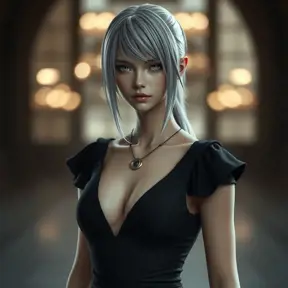 Matte portrait of a ashen haired A2 from Nier Automata in a black dress, Highly Detailed, Full Body, Bokeh effect, Photo Realistic, Sharp Focus by Stefan Kostic