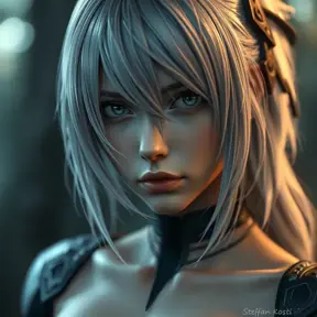 Alluring portrait of a beautiful ashen haired A2 from Nier Automata in the style of Stefan Kostic, Highly Detailed, Full Body, Bokeh effect, Photo Realistic, Sharp Focus