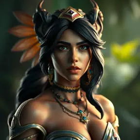 Nidalee from League of Legends, 8k, Highly Detailed, Alluring, Photo Realistic, Sharp Focus, Octane Render, Unreal Engine, Volumetric Lighting by Alphonse Mucha