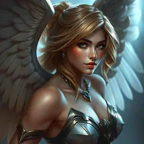 Alluring portrait of a beautiful winged Kayle from League of Legends, Highly Detailed, Half Body, Sharp Focus, Fantasy by Stanley Artgerm Lau, Alphonse Mucha, WLOP