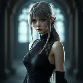 Alluring matte portrait of a beautiful ashen haired A2 from Nier Automata in a black dress, Highly Detailed, Full Body, Bokeh effect, Photo Realistic, Sharp Focus by Stefan Kostic