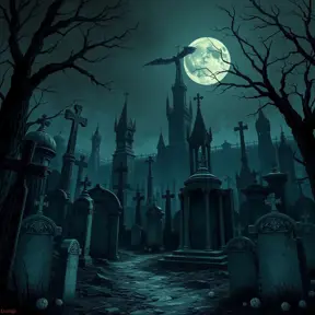 Hyper Detailed illustration of an eerie dystopian graveyard at night, Gothic and Fantasy, Horror, Epic, Sharp Focus, Deviantart