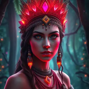 A beautiful tribal queen in a magical forest, Highly Detailed, Masterpiece, Pretty Face, Digital Illustration, Cinematic Lighting, Realistic, Sharp Focus, Centered, Beautifully Lit, Bioluminescent