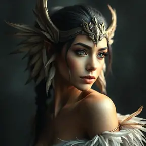 Alluring matte portrait of a beautiful Nidalee wearing feathers, 8k, Highly Detailed, Intricate, Half Body, Realistic, Sharp Focus, Volumetric Lighting, Fantasy, Elegant by Stanley Artgerm Lau, Alphonse Mucha, WLOP