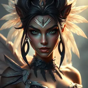 Matte portrait of the beautiful Nidalee from league of legends with feathers, Highly Detailed, Intricate, Realistic, Sharp Focus, Volumetric Lighting, Fantasy, Elegant