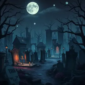 Hyper Detailed illustration of an eerie dystopian graveyard at night, 8k, Gothic and Fantasy, Horror, Epic, Sharp Focus, Deviantart by Alena Aenami, Studio Ghibli