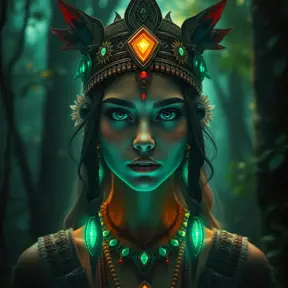 A beautiful tribal queen in a magical forest, Highly Detailed, Masterpiece, Pretty Face, Digital Illustration, Cinematic Lighting, Realistic, Sharp Focus, Centered, Beautifully Lit, Bioluminescent