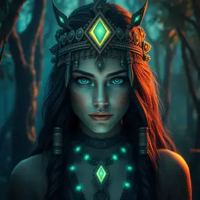 A beautiful tribal queen in a magical forest, Highly Detailed, Masterpiece, Pretty Face, Digital Illustration, Cinematic Lighting, Realistic, Sharp Focus, Centered, Beautifully Lit, Bioluminescent