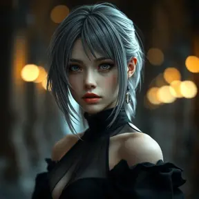 Alluring matte portrait of a beautiful ashen haired A2 from Nier Automata in the style of Stefan Kostic in a black dress, Highly Detailed, Full Body, Bokeh effect, Photo Realistic, Sharp Focus by Stanley Artgerm Lau