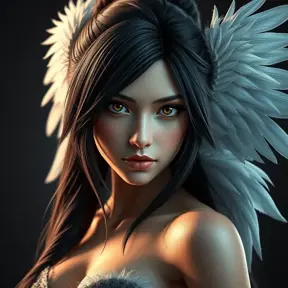 Matte portrait of the beautiful Tifa Lockhart with feathers, Highly Detailed, Intricate, Realistic, Sharp Focus, Volumetric Lighting, Fantasy, Elegant