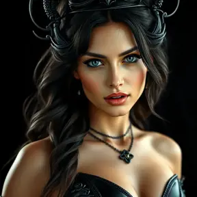 Alluring matte portrait of the beautiful goddess Selene in black leather, 8k, Highly Detailed, Intricate, Realistic, Sharp Focus, Volumetric Lighting, Fantasy, Elegant by Stanley Artgerm Lau, Alphonse Mucha, WLOP