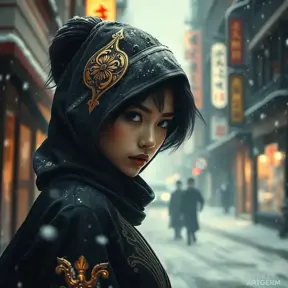 Matte portrait of a mysterious beautiful kunoichi ninja in black and gold wearing eyeliner in the streets of a dark snowy town in tokyo, fluid motion, Intricate, Half Body, Realistic, Sharp Focus, Volumetric Lighting, Elegant by Stanley Artgerm Lau