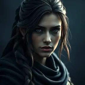 Matte portrait of the beautiful Kassandra from Assassins Creed in dark blue, Highly Detailed, Intricate, Realistic, Sharp Focus, Volumetric Lighting, Fantasy, Elegant