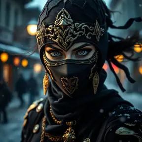 Wallpaper of a mysterious beautiful masked kunoichi ninja wearing eyeliner and gold jewelry in the streets of a dark snowy town in moscow, fluid motion, Highly Detailed, Intricate, Realistic, Sharp Focus, Volumetric Lighting, Fantasy, Elegant