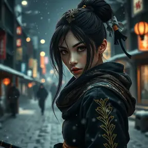 Matte portrait of a mysterious beautiful kunoichi ninja in black and gold wearing eyeliner in the streets of a dark snowy town in tokyo, fluid motion, Intricate, Half Body, Realistic, Sharp Focus, Volumetric Lighting, Elegant