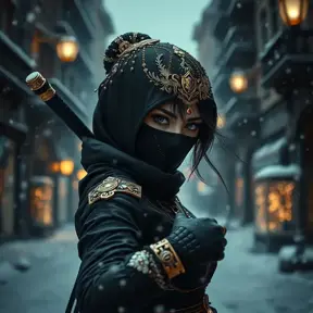 A mysterious beautiful black and gold kunoichi ninja wearing eyeliner and jewelery in the streets of a dark snowy town in moscow, fluid motion, Intricate, Half Body, Realistic, Sharp Focus, Volumetric Lighting, Elegant