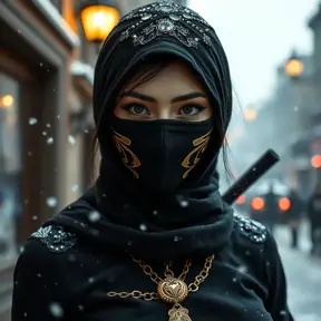 A mysterious beautiful masked kunoichi ninja wearing eyeliner and gold jewelry in the streets of a dark snowy town in moscow, fluid motion, Intricate, Half Body, Realistic, Sharp Focus, Volumetric Lighting, Elegant