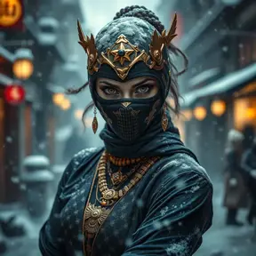 Wallpaper of a mysterious beautiful masked kunoichi ninja wearing eyeliner and gold jewelry in the streets of a dark snowy town in moscow, fluid motion, Highly Detailed, Intricate, Realistic, Sharp Focus, Volumetric Lighting, Fantasy, Elegant