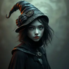 Matte portrait of a mysterious kiki the witch, Intricate, Half Body, Realistic, Sharp Focus, Volumetric Lighting, Elegant by Stefan Kostic