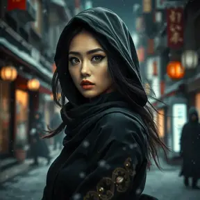 Matte portrait of a mysterious beautiful kunoichi ninja in black and gold wearing eyeliner in the streets of a dark snowy town in tokyo, fluid motion, Intricate, Half Body, Realistic, Sharp Focus, Volumetric Lighting, Elegant