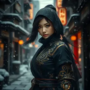 Matte portrait of a mysterious beautiful kunoichi ninja in black and gold wearing eyeliner in the streets of a dark snowy town in tokyo, fluid motion, Intricate, Half Body, Realistic, Sharp Focus, Volumetric Lighting, Elegant