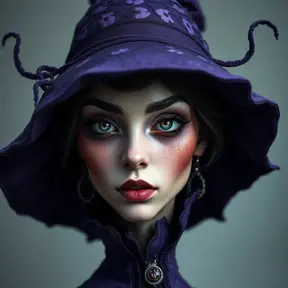 Matte portrait of a mysterious kiki the witch in purple, Intricate, Half Body, Realistic, Sharp Focus, Volumetric Lighting, Elegant by Stefan Kostic