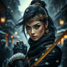 A mysterious beautiful black and gold kunoichi ninja wearing eyeliner and jewelery in the streets of a dark snowy town in moscow, fluid motion, Intricate, Half Body, Realistic, Sharp Focus, Volumetric Lighting, Elegant