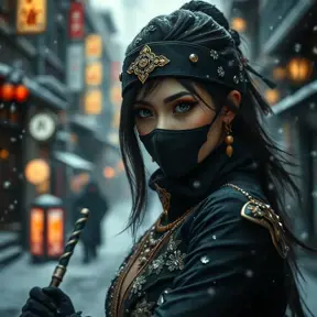 A mysterious beautiful black and gold kunoichi ninja wearing eyeliner and jewelery in the streets of a dark snowy town in tokyo, fluid motion, Intricate, Half Body, Realistic, Sharp Focus, Volumetric Lighting, Elegant