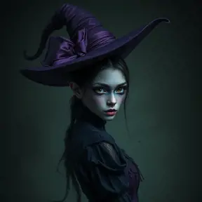 Matte portrait of a mysterious kiki the witch in purple, Intricate, Half Body, Realistic, Sharp Focus, Volumetric Lighting, Elegant by Stefan Kostic